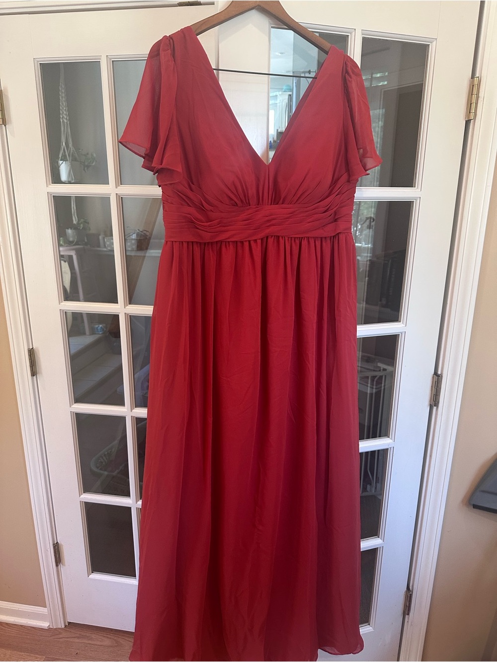 Azazie Red V-Neck Maxi Dress with Flutter Sleeves